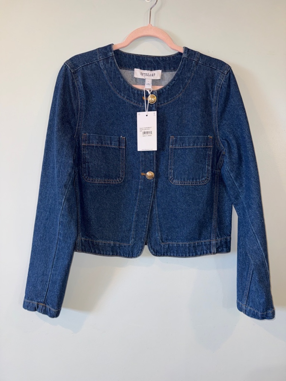 NWT 10 Crosby Derek Lam Cropped Denim Jacket Gold Buttons L